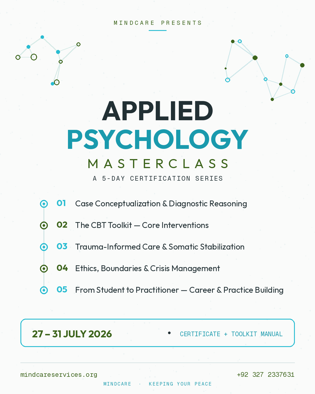 Applied Psychology Masterclass poster — 5-day certification series, 27–31 July 2026