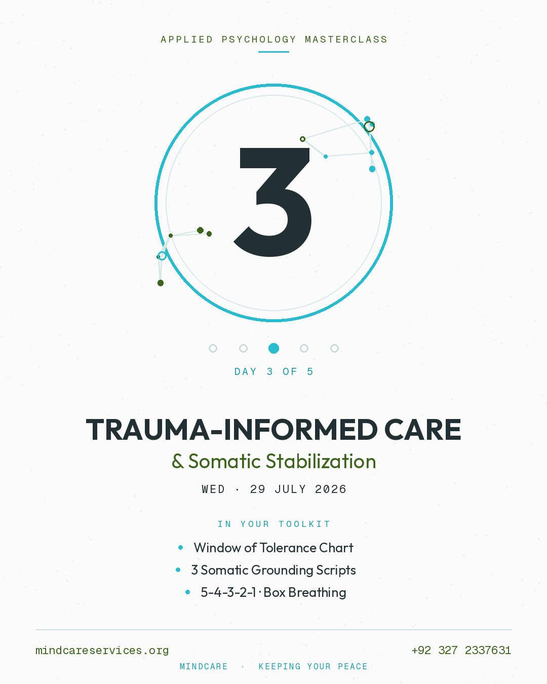 Trauma-Informed Care & Somatic Stabilization — Applied Psychology Masterclass Day 3 · Wed 29 July
